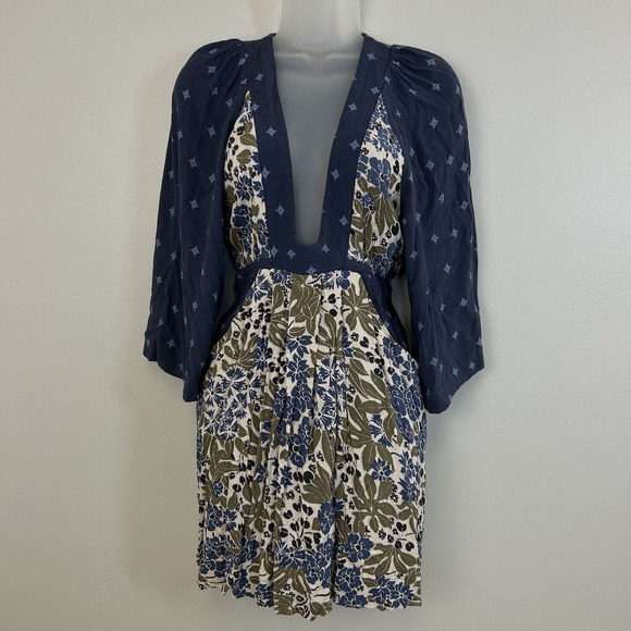 Free People Dress Womens XS TP Talulla Blue Floral Boho Mini Pockets 3/4 Sleeve‎ - Picture 1 of 14